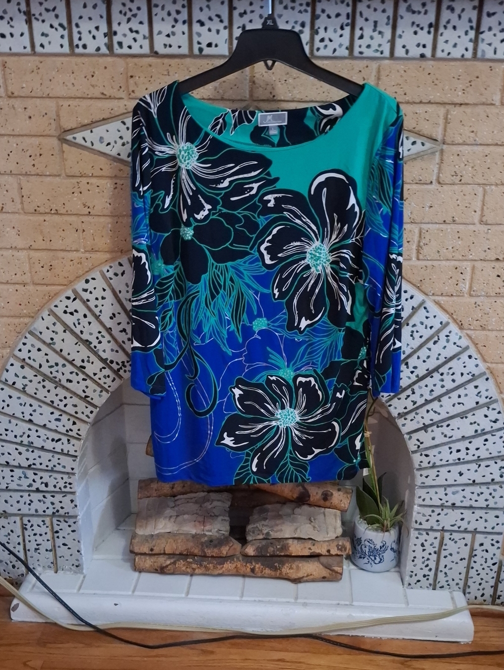 JM Collection Floral Boatneck Tunic - Teal & Blue